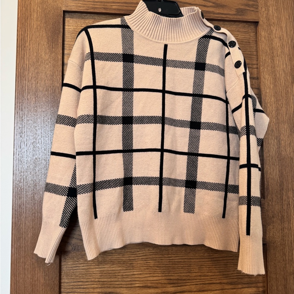Button-Shoulder Plaid Mock Neck Tahari Sweater in Blush